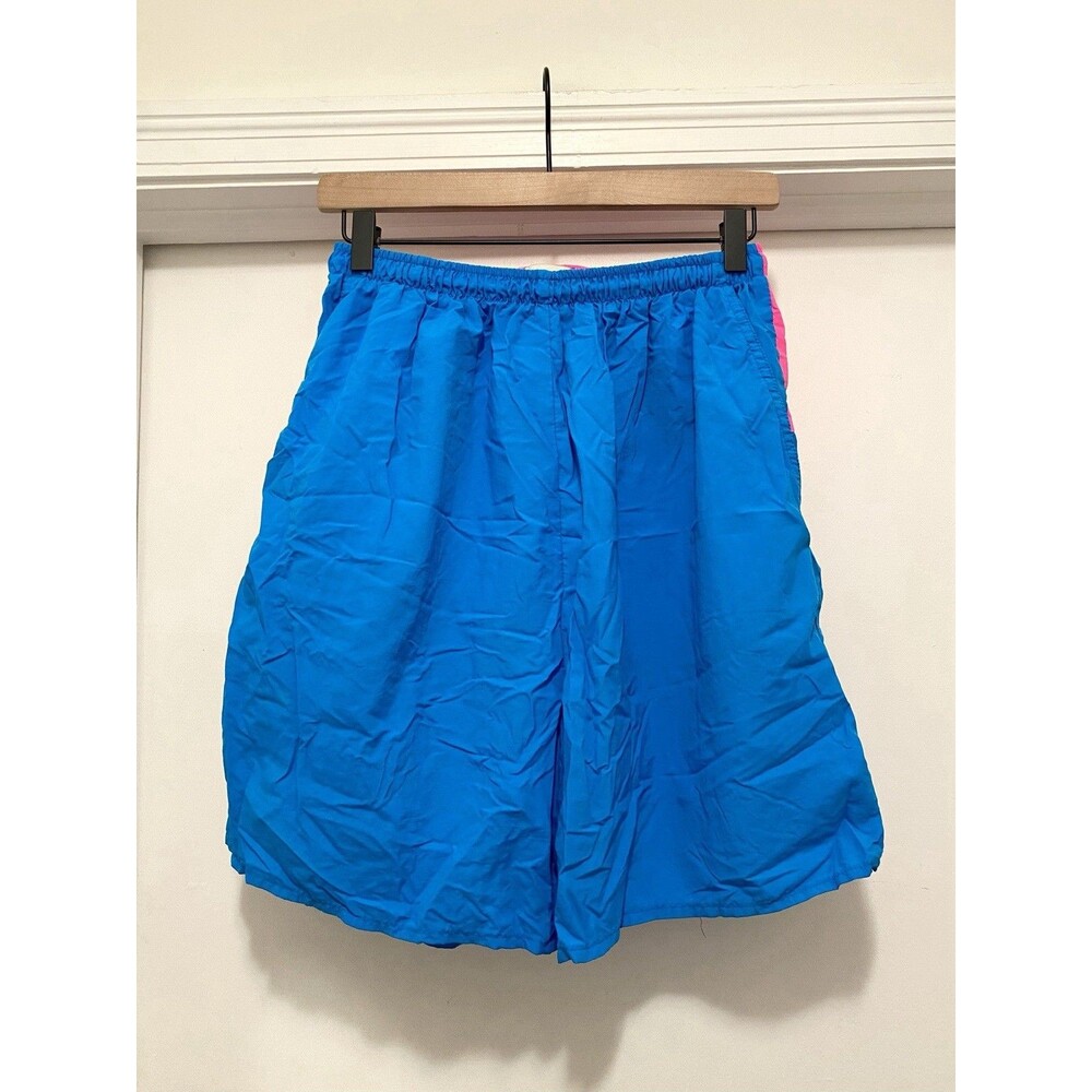 Vintage 80s 90s Bathing Suit Swim Trunks Mens XL Neon Blue Pink Surf Shorts